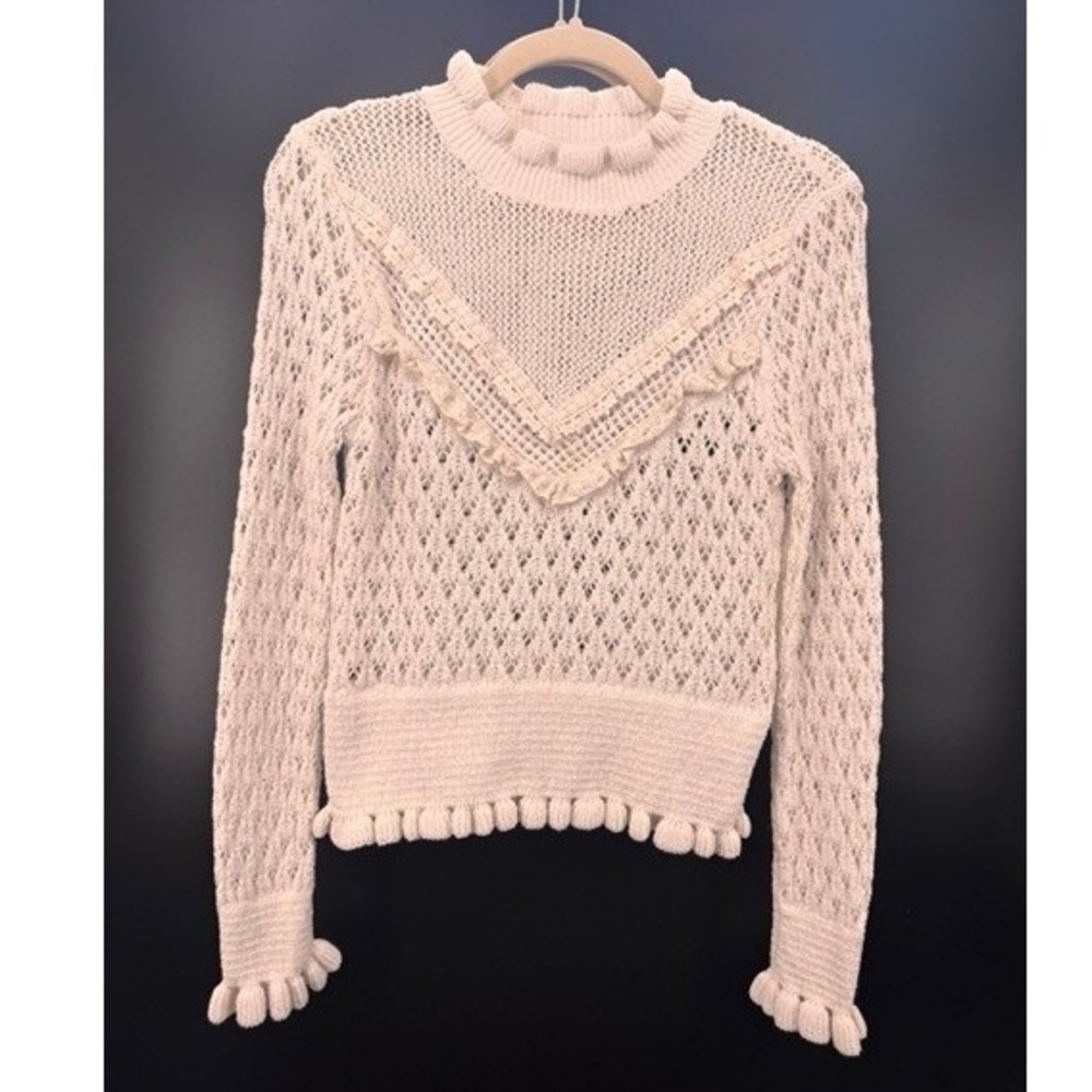 ZARA Cream Pointelle Ruffle Knit Sweater Women MEDIUM Romantic Boho Cottage - Picture 2 of 9